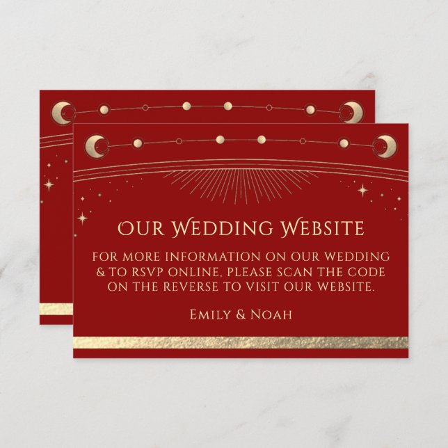 Carte D'accompagnement Site web Mariage céleste rouge foncé RSVP QR Code (Devant / Derrière)