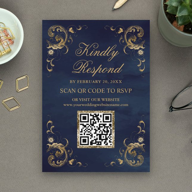 Carte D'accompagnement Site Web Mariage de Navy Blue Gold QR Code RSVP (Créateur téléchargé)