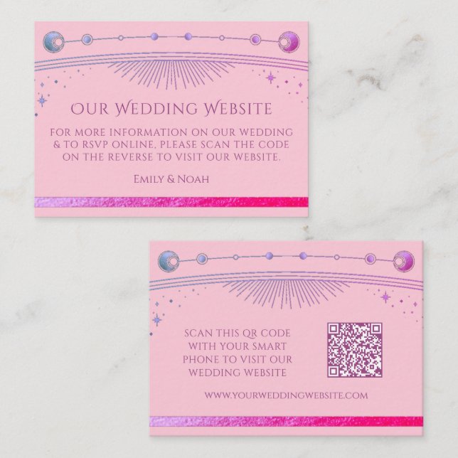Carte D'accompagnement Site web Mariage rose céleste violet RSVP QR Code (Devant / Derrière)