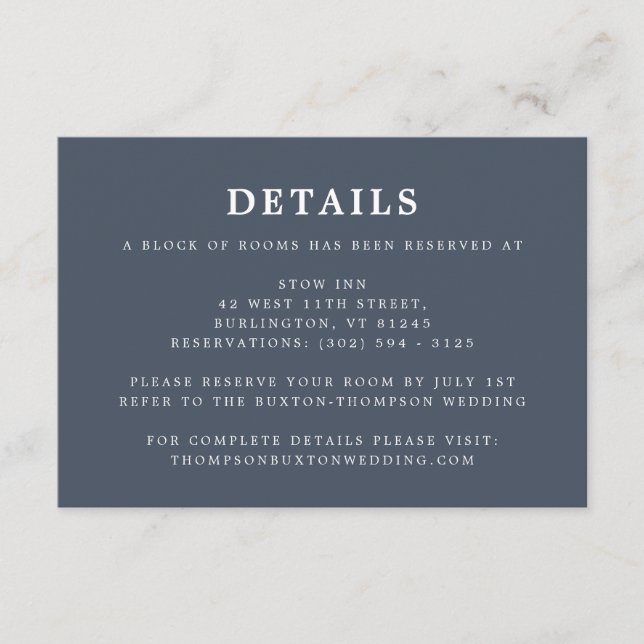 Carte D'accompagnement Smoky Navy Blue Simple Mariage Détails Information (Devant)