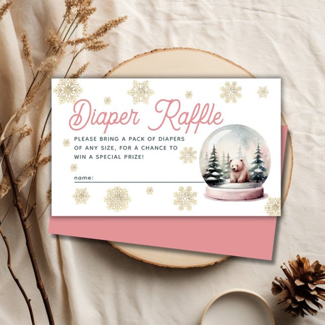 Carte D'accompagnement Snowflake Hiver Baby shower Pink Diaper Raffin (Snowflake Winter Baby Shower Pink Diaper Raffle Enclosure Card)
