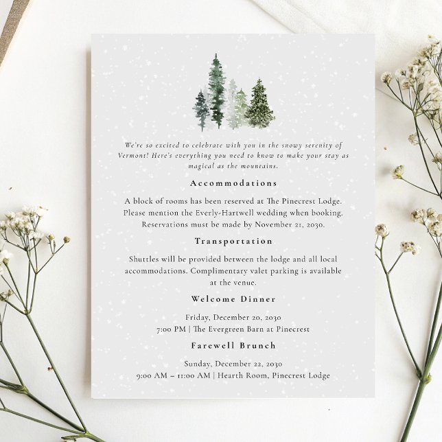 Carte D'accompagnement Snowy Pine Tree Détails du mariage d'hiver (Créateur téléchargé)
