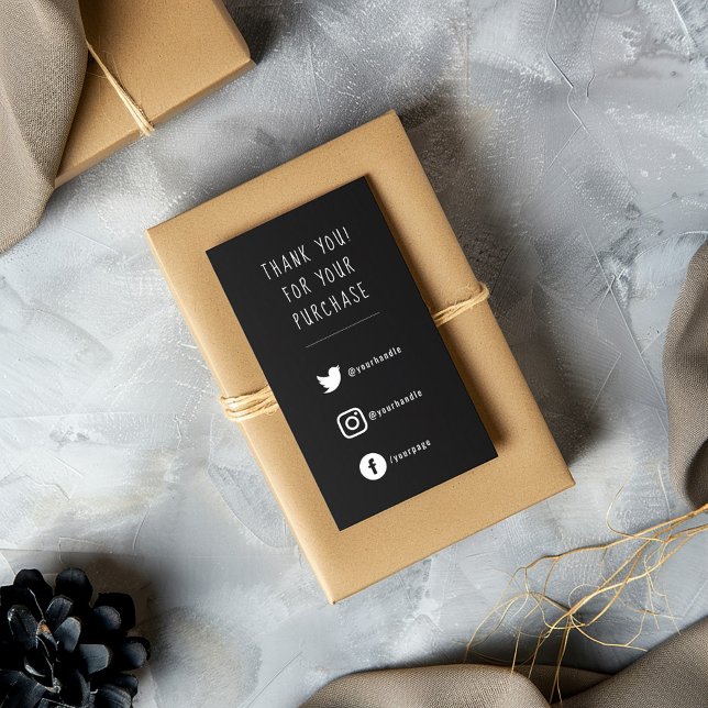 Carte D'accompagnement Social Links, blanc sur noir insérer carte. (White on black fun text social media enclosure card to say thank you to your customers)