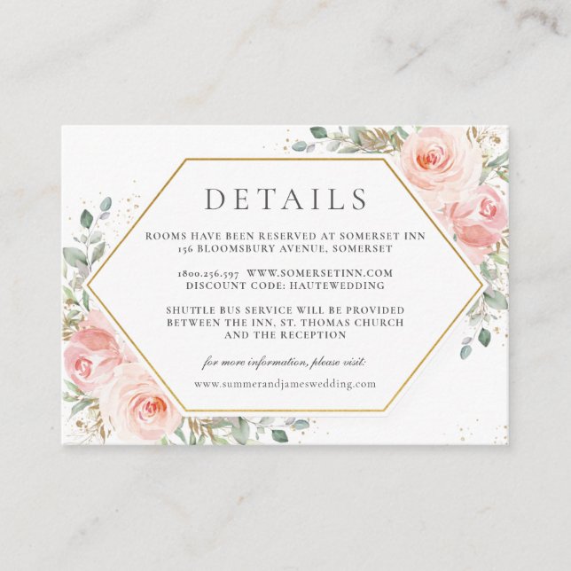 Carte D'accompagnement Soft Blush Rose Floral Gold Détails du Mariage (Devant)