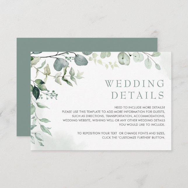 Carte D'accompagnement Soft Eucalyptus Green Garden Détails de mariage (Devant / Derrière)