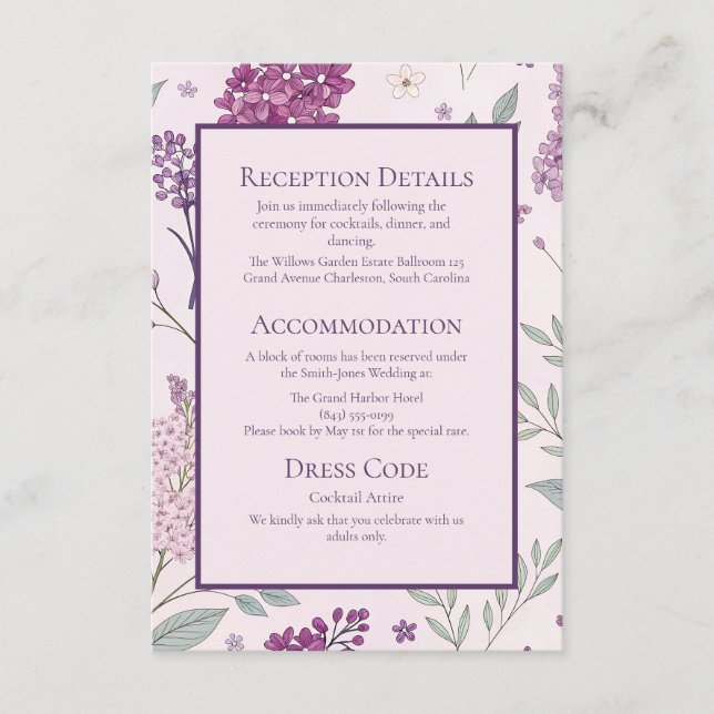 Carte D'accompagnement Soft Pink and Purple Lilac Floral Wedding  (Devant)