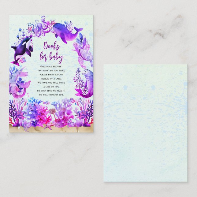 Carte D'accompagnement Sous la mer violet Livres pour baby shower bébé (Devant / Derrière)