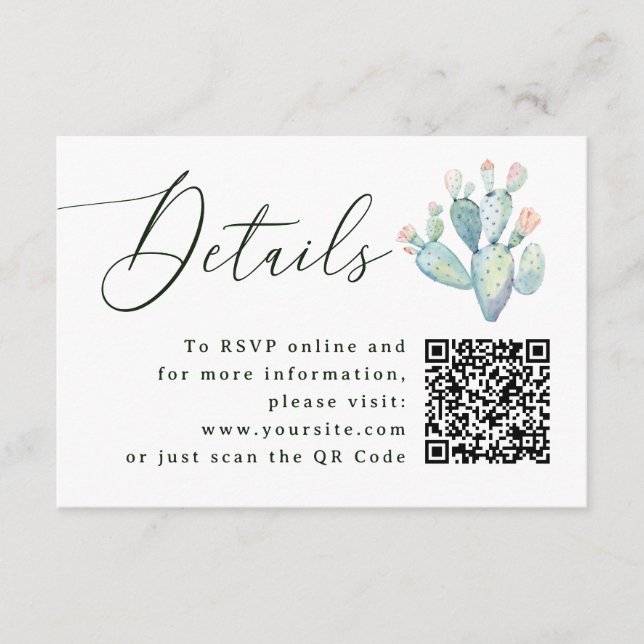 Carte D'accompagnement Southwestern Cactus Wedding Details + QR | Website (Devant)