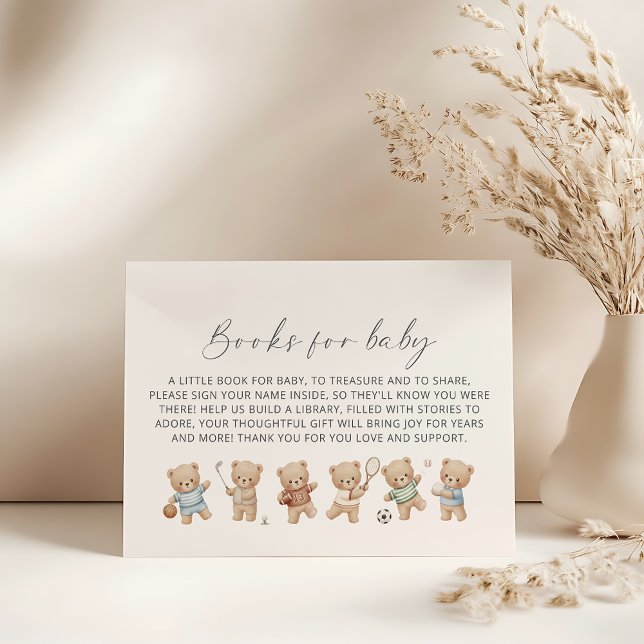 Carte D'accompagnement Sports bear baby shower bearly wait book request (sport teddy bear books for baby request card)