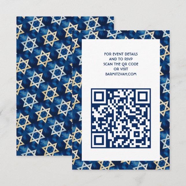 Carte D'accompagnement Star de David Aquarelle QR Code Barre de Bat mitzv (Devant / Derrière)