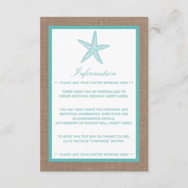 Carte D'accompagnement Starfish Turquoise Burlap Beach Wedding Collection (Devant)