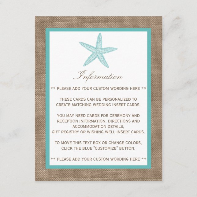 Carte D'accompagnement Starfish Turquoise Burlap Beach Wedding Collection (Devant)