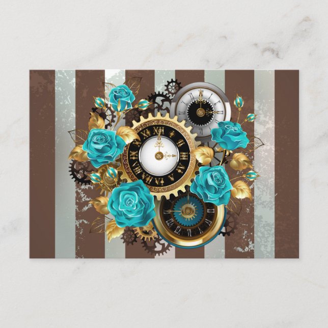 Carte D'accompagnement Steampunk Clock and Turquoise Roses on Striped (Devant)