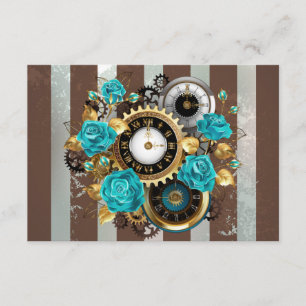 Carte D'accompagnement Steampunk Clock and Turquoise Roses on Striped