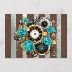 Carte D'accompagnement Steampunk Clock and Turquoise Roses on Striped