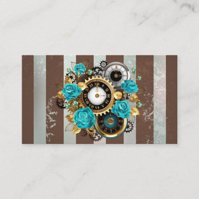 Carte D'accompagnement Steampunk Clock and Turquoise Roses on Striped (Devant)