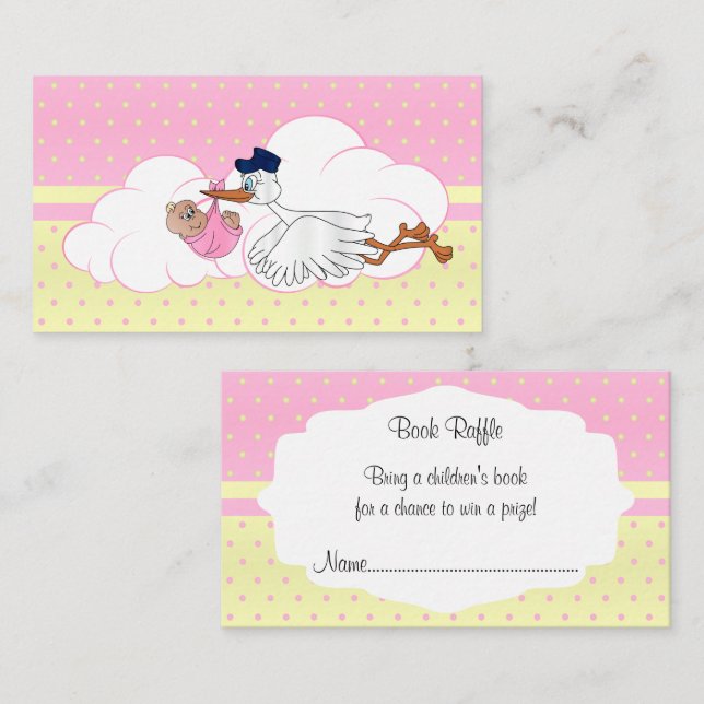 Carte D'accompagnement Stork avec un mignon petit bébé livre fille Raffle (Devant / Derrière)