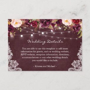 Carte D'accompagnement String Lights Burgundy Floral Lace Détails du Mari
