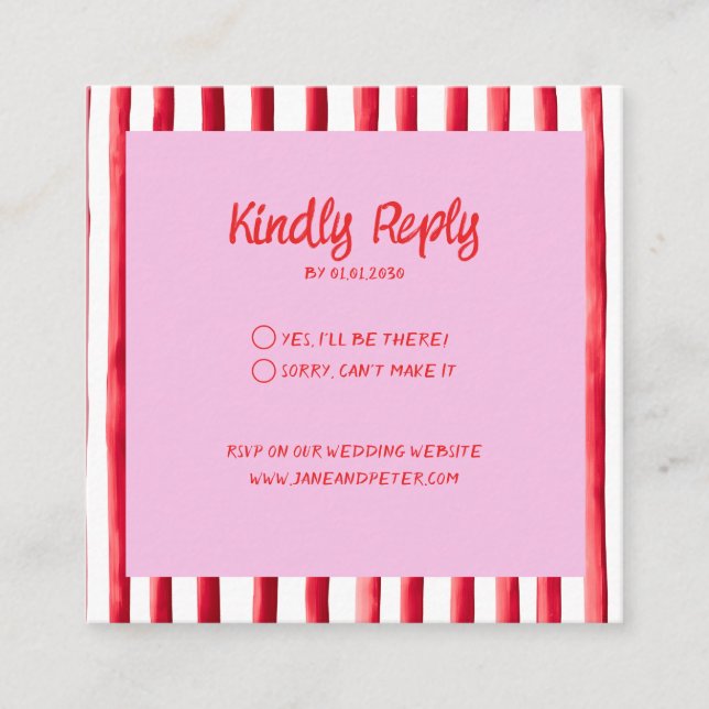 Carte D'accompagnement Striped Pink & Red Handwriting Wedding (Devant)