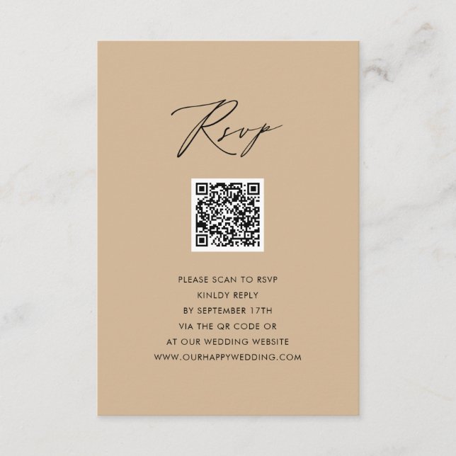 Carte D'accompagnement Style moderne Beige Élégant Script Simple QR Weddi (Devant)