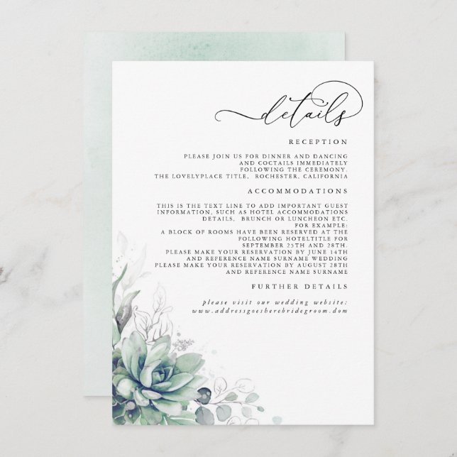 Carte D'accompagnement Succulent Verdure Argent Feuille Détails Mariage (Devant / Derrière)