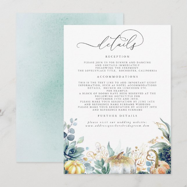 Carte D'accompagnement Succulents Citrouille Gold Feuilles Mariages Détai (Devant / Derrière)