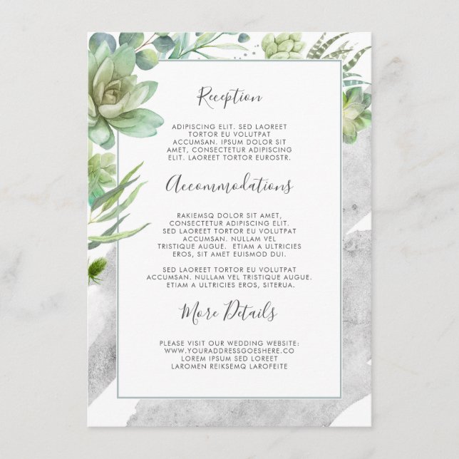 Carte D'accompagnement Succulents Verdure Argent Informations Mariage (Devant)
