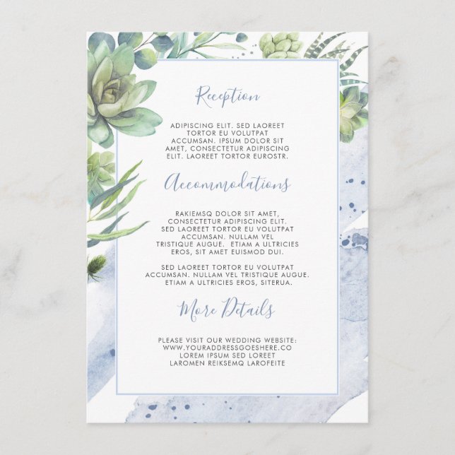 Carte D'accompagnement Succulents Verdure Dusty Blue Informations Mariage (Devant)