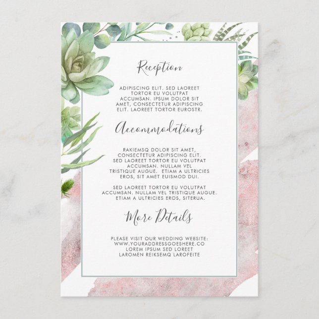 Carte D'accompagnement Succulents Verdure Rose Or Mariage Information (Devant)