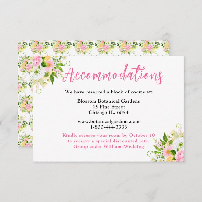 Carte D'accompagnement Summer Pink Yellow Floral Wedding Accommodations (Devant / Derrière)