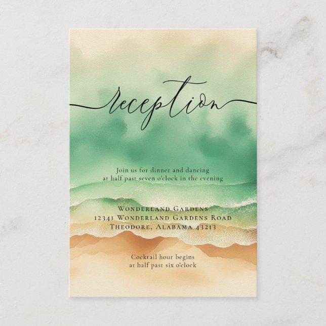 Carte D'accompagnement Sun Beach Ocean Green Wedding Détails de la récept (Devant)