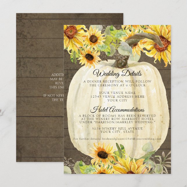 Carte D'accompagnement Sunflower Citrouille Floral Détails du Mariage de  (Devant / Derrière)
