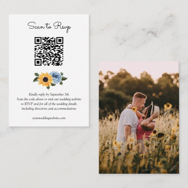 Carte D'accompagnement Sunflower Dusty bleu Rustique Mariage QR Code RSVP (Devant / Derrière)