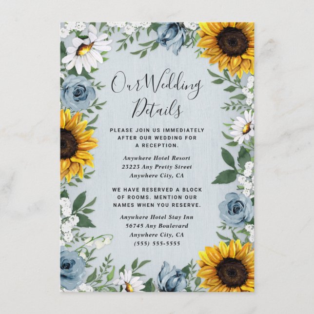 Carte D'accompagnement Sunflower Dusty Blue Country Rustic Roses Wedding (Devant)