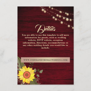 Carte D'accompagnement Sunflower Rustic Wood Mariage Détails Site Web