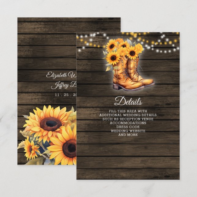 Carte D'accompagnement Sunflowers Cowboy Boots Barre Bois Mariage de l'Ou (Devant / Derrière)