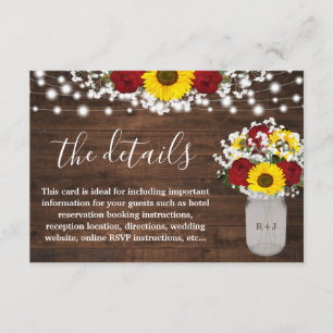 Carte D'accompagnement Sunflowers Roses Mason Jar Lights Mariage Détails