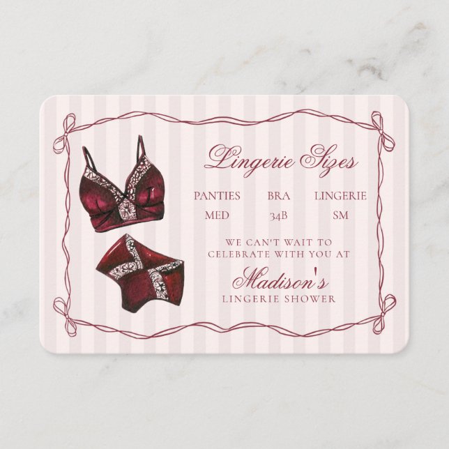 Carte D'accompagnement Tailles de lingerie rouge Bourgogne Shower Bow (Devant)