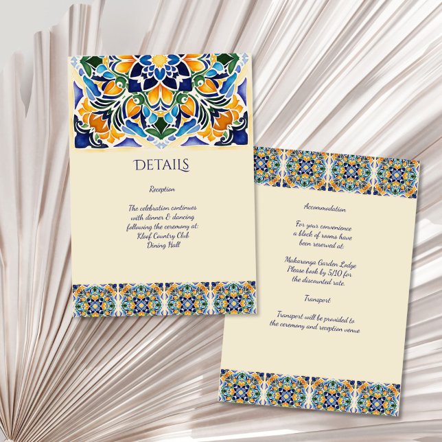 Carte D'accompagnement Talavera azulejo bleu tuile mexicaine détails mari (Talavera azulejo blue tiles vintage Mexican Spanish wedding details Enclosure Card invitation suite)