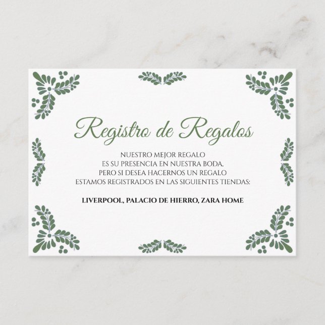 Carte D'accompagnement Talavera Green Floral Minimalist Spanish Wedding (Devant)