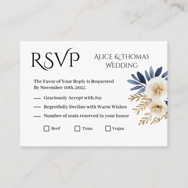 Carte D'accompagnement Tarjeta RSVP Floral Boda Elegante Flores Blue Gold (Devant)