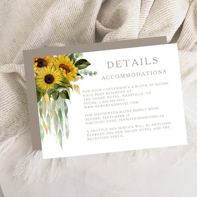 Carte D'accompagnement Taupe Mariage Sunflower Détails de l'hébergement (Taupe Sunflower Wedding Accommodations Details Enclosure Card)