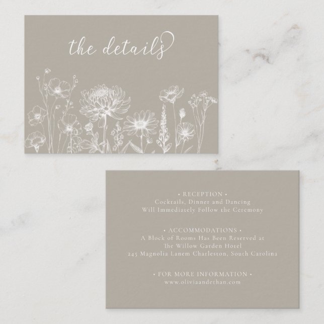 Carte D'accompagnement Taupe Wildflower Details Card Neutral Wedding  (Devant / Derrière)