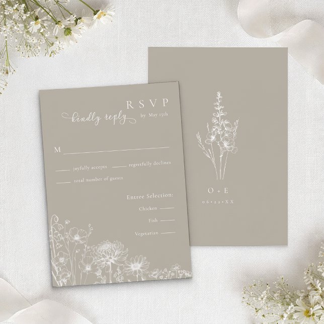 Carte D'accompagnement Taupe Wildflower RSVP Card Neutral Wedding Insert (Taupe RSVP Wedding Insert)