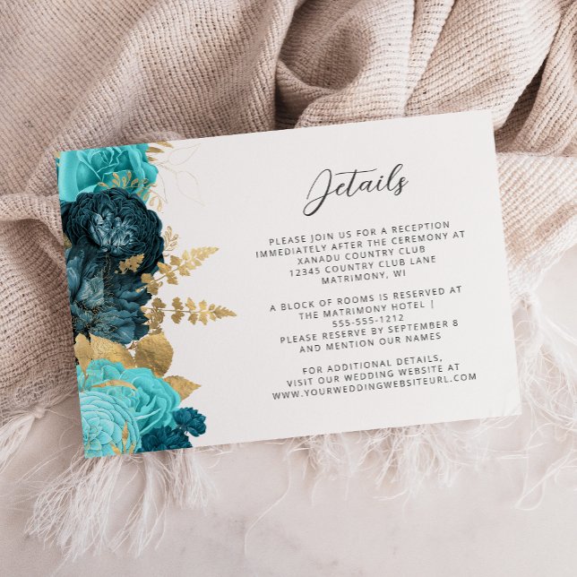 Carte D'accompagnement Teal Aqua Floral Gold Script Wedding Details  (Créateur téléchargé)