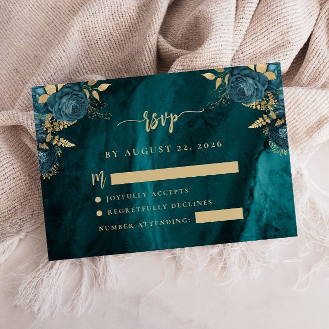 Carte D'accompagnement Teal Bleu Or Floral Agate Écriture Réponse Mariage (Créateur téléchargé)