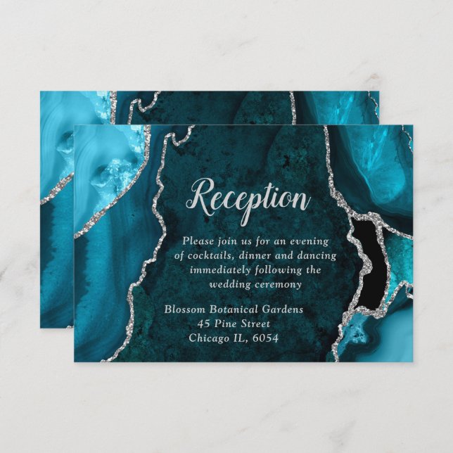 Carte D'accompagnement Teal Blue and Silver Agate Wedding Reception (Devant / Derrière)