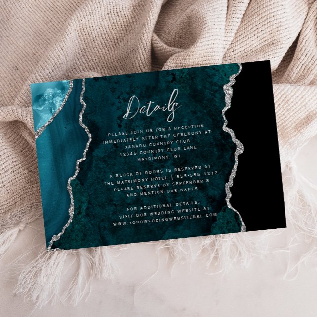 Carte D'accompagnement Teal Blue Silver Agate Script Wedding Details (Créateur téléchargé)