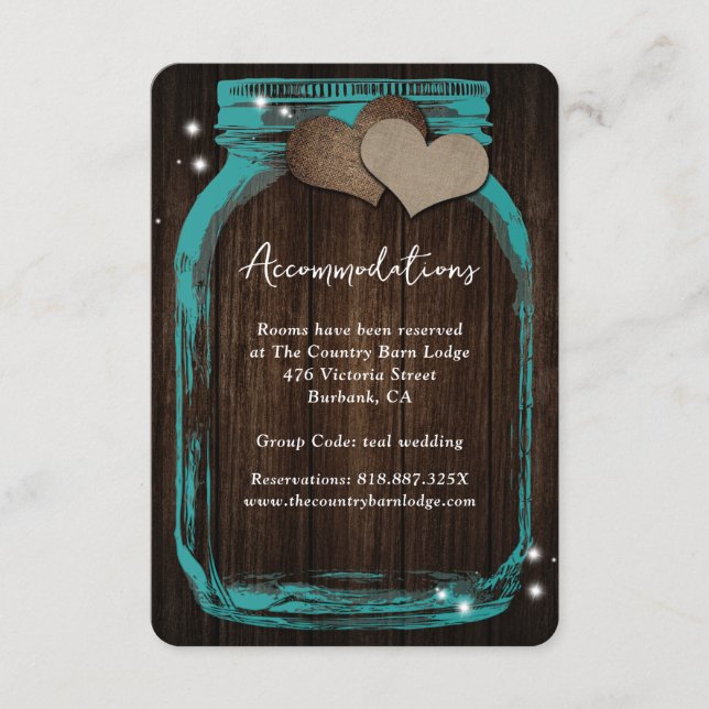 Carte D'accompagnement Teal Mason Jar Wood Wedding Accommodation Card (Devant)