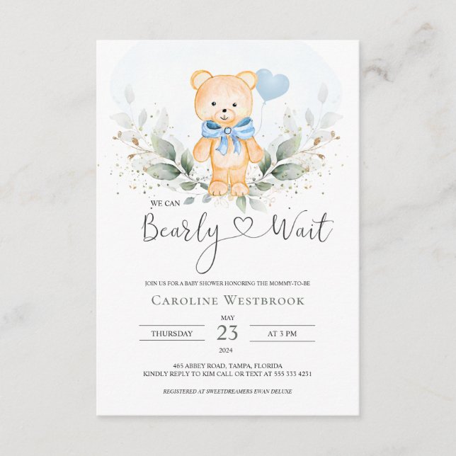 Carte D'accompagnement Teddy Bear Boy, Baby shower de feuillage vert (Devant)